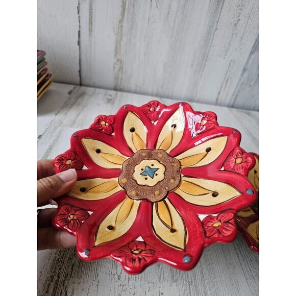 Pier 1 carynthum flower plate dessert salad red earthenware Bohemian unique set - Picture 3 of 7